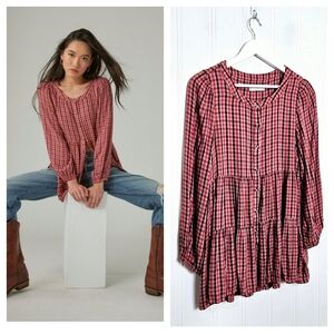 Lucky Brand Top Womens Size M Plaid-Print Tiered Tunic Buttoned Shirt